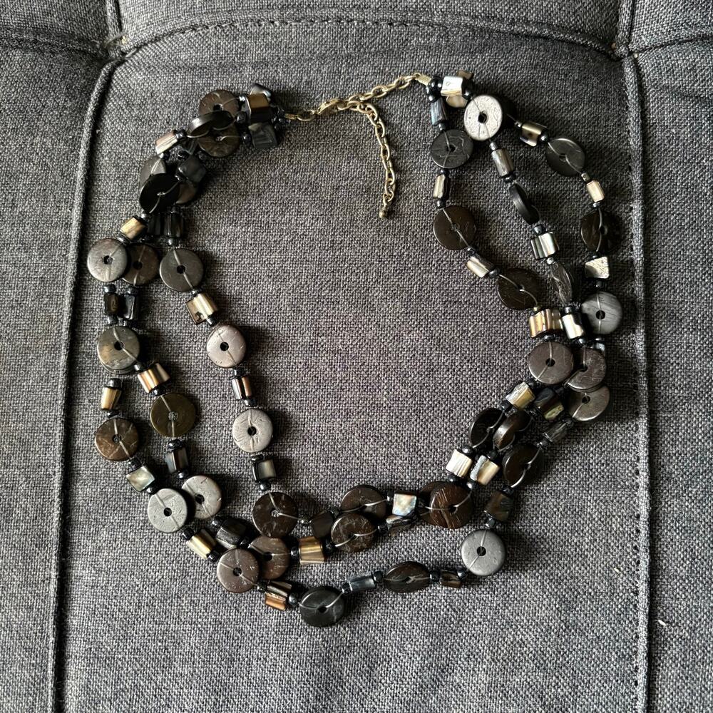 Black Y2K Glass Beaded Triple Layered Fashion Necklace Lobster - Costume Jewelry